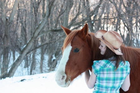 Cold Morning - snow, cowgirl, trees, horse