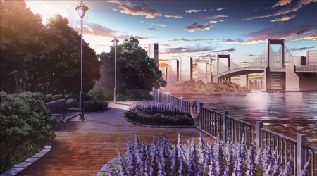 Park - lake, park, scenery, sunset, buildings, bridge, disorder 6, visual novel