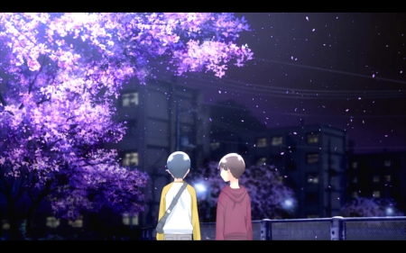 Nighttime Walk In The Park - night sky, trees, anime friends, anime girl, anime guy, yoshino, anime, transgender, hourou musuko, yoshino takatsuki, city scape, nitori, wandering son, shuichi, crossdressing, friends, shuichi nitori, takatsuki