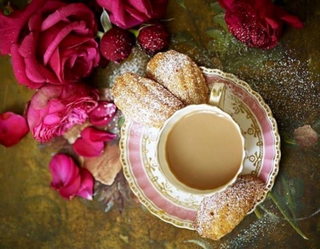 Tea Time - flowers, tea, roses, cup