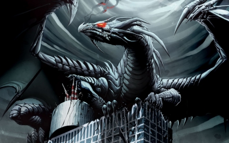 black dragon on skyscraper - black, skyscraper, dragon, building