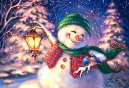 ★Christmas Snowman★ - pretty, birds, creative pre-made, snow, holidays, happy, Christmas, winter holidays, snowman, winter, paintings, colors, lovely, xmas and new year, lantern, white trees, love four seasons