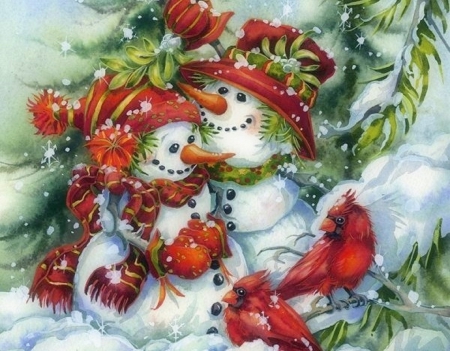 ★Christmas Lovers★ - pretty, birds, creative pre-made, snow, holidays, Christmas, winter holidays, snowmen, winter, paintings, colors, lovely, xmas and new year, cardinals, white trees, love four seasons, lovers