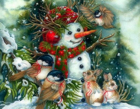 ★Christmas Frosty Happily★ - pretty, birds, rabbits, creative pre-made, snow, holidays, hare, Christmas, winter holidays, snowmen, winter, paintings, colors, lovely, xmas and new year, white trees, love four seasons