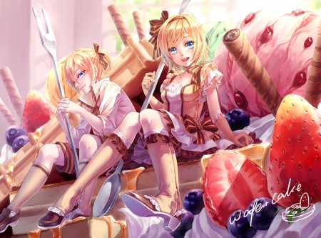 Wafer Cake - anime, vocaloid, kawaii, delicious, female, food, blonde, blond hair, rin, blond, fruit, yummy, cake, len, wafer, anime girl, strawberry, kagamine, girl, kagamine ken, blonde hair, lovely, sweet, twins, cute, adorable, vocaloids, candy