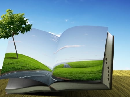 Tree on The Book - field, tree, book, road