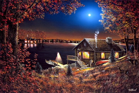 Blue Moon at Night - moon, trees, nature, lights, boat, lake, art