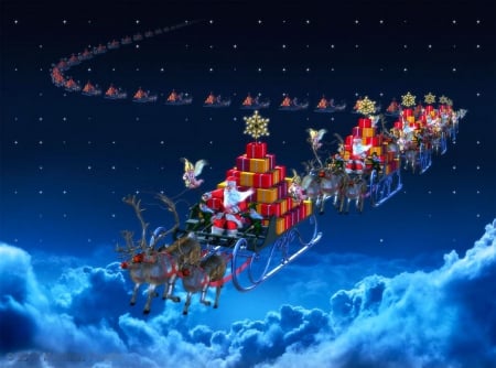 Sleigh Parade - santa, xmas, artwork, clouds, christmas