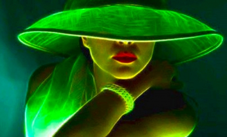 Lady in Green - hat, elegant, beautiful, girl, fantasy, green, digital, woman, art