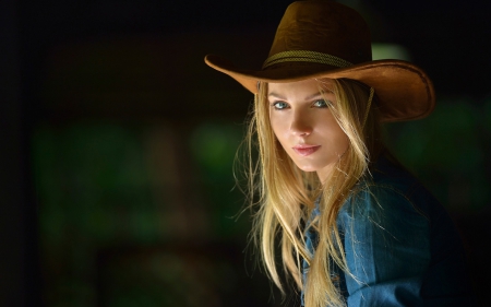 Cowgirl - cowgirl, hat, blonde, girl, woman, blue