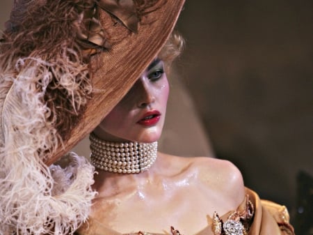 Sasha Pivovarova - hat, Sasha Pivovarova, pearls, brown, girl, feather, jewel, make-up, autumn, woman, model