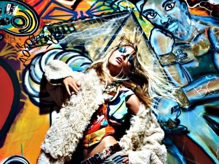 Sasha Pivovarova - woman, girl, colorful, model, sasha pivovarova, yellow, red, blue, grafitti