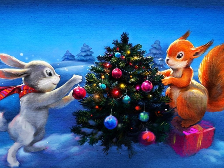 Preparing for Christmas - rabbit, squirrel, artwork, tree, decoration