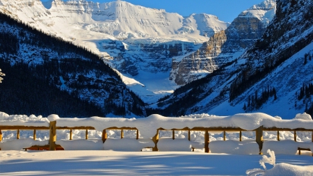 Snowy mountain - fence, mountain, winter, peaks, rocks, nature, snow, beautiful, frost, snowy, cliffs