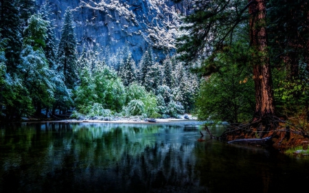 Calm River - mountain, snow, river, pine trees, road