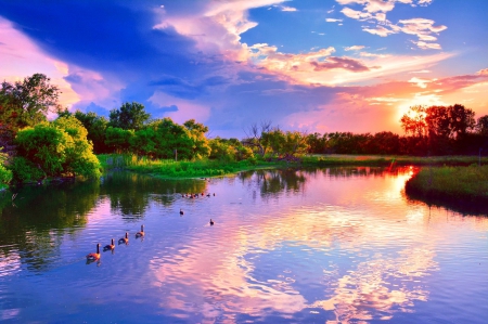 SUNRISE - colors of nature, sky, sunshine, lake reflection, beautiful morning, landscape, rise and shine, nature, beautiful, clouds, splendor, enchanting nature, sunrise