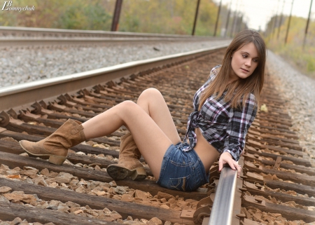 Waiting On A Train - shorts, tracks, boots, cowgirl