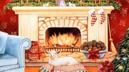 Peace on Earth - sheep, artwork, chimney, fire, decoration, christmas