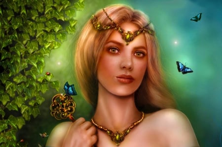 The Key Holder - beauty, woman, princess, girl, serene, fantasy, cg, nature, face, art, beautiful, fairie, digital, butterflies