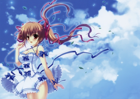 Blue sky - clouds, blue, girl, blush, happy, white dress, floating hair, ribbon, sky