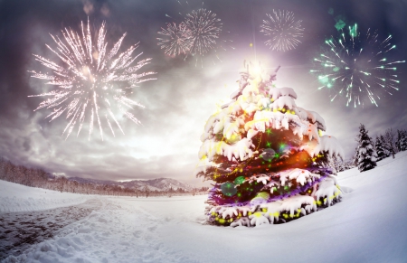 Celebration - new year, snowfall, sky, trees, pine, park, road, garland, christmas, fir, trail, snow, fireworks, lights