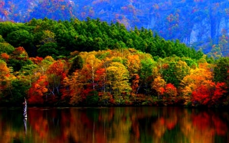 AUTUMN LAKE - lake, autumn, forest, hills, redflections