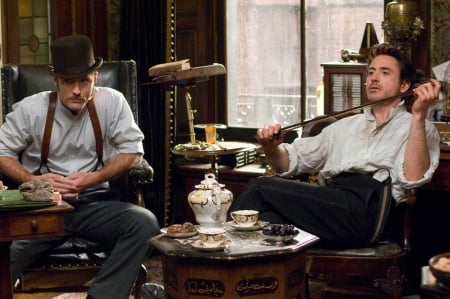 Holmes and Watson - detective, hat, watson, doctor, room, holmes, gentlemen, furniture, film, man, sherlock, house, violin, movies, old, history