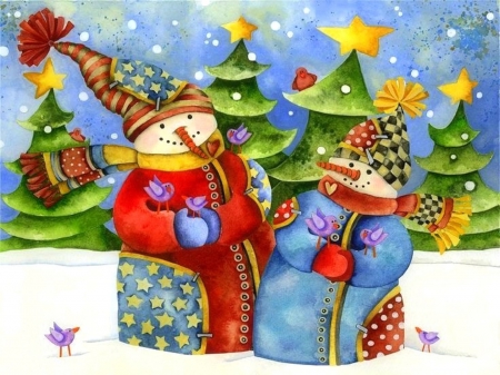 â˜…Snowman Loversâ˜… - love four seasons, pretty, winter, xmas and new year, winter holidays, christmas trees, holidays, stars, lovers, snowmen, christmas, creative pre-made, lovely, colors, paintings, snow