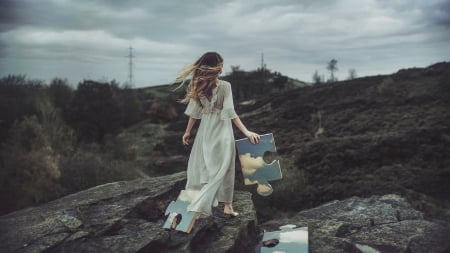 Girl with Puzzle Box - girl, back, puzzle box, landscape