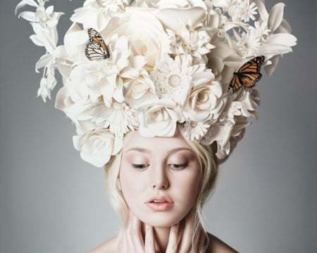 Artistic Headdress - face, butterfly, headdress, woman