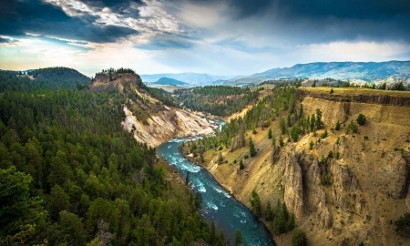 Splendor - mountains, trees, clouds, river