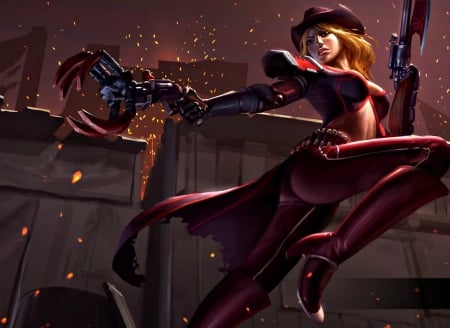 Gunclaw - red, gunclaw, game, gun, girl, redhead, heroes of newerth, fantasy, hat