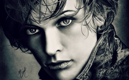 Milla Jovovich - face, milla jovovich, black, actress, girl, blue, art, white, woman