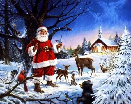 Christmas Service - firs, santa, xmas, artwork, church, deer, christmas, snow