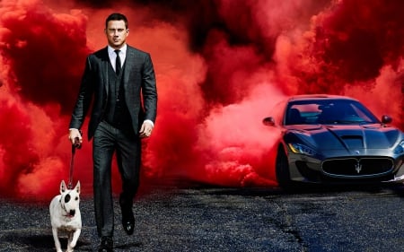 Channing Tatum - actor, Channing Tatum, dog, man, white, animal, car, mist, smoke