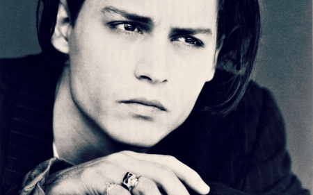 Johnny Depp - white, face, young, man, blue, actor, johnny depp, black