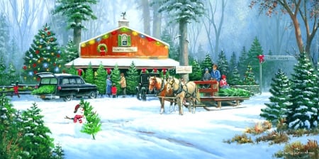 Holiday traditions - traditiond, fun, winter, beautiful, snow, joy, tree, village, christmas, holiday, painting, market, art