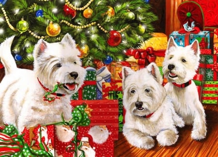 Under the christmas tree - adorable, fireplace, funny, christmas, painting, art, pretty, holiday, friends, sweet, tree, gifts, cute, decoration, puppies