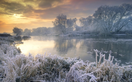 Frozen River - ice, sky, trees, winter, silver, reflection, clouds, snow, river