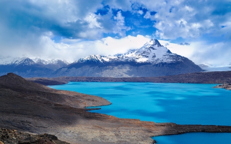 Blue Sky over Mountains and Amazing Blue Lake - lakes, nature, sky, clouds, mountains