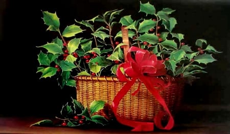 Nantucket Basket of Holly F1C - wide screen, photo, occasion, christmas, holiday, photography, basket, holly, december