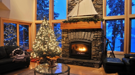 Christmas Tree - Lights, Tree, Christmas, Fireplace