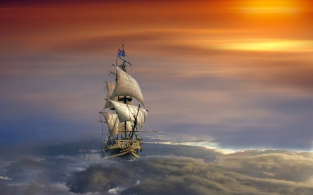 Tall Ship sailing on The Clouds - ship, fantasy, sunset, clouds