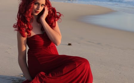 Beauty - curls, girl, make up, red hair, model, red dress, lipstick, sea, sand