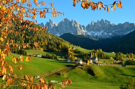 Autumn Mountains - trees, road, landscape, grass, church, village, homes, autumn, Italy, Santa Maddalena, mountains, sky