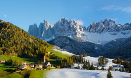 Change of Season - clouds, trees, winter, composite, snow, change, church, village, homes, autumn, Italy, seasons, Santa Maddalena, mountains, sky