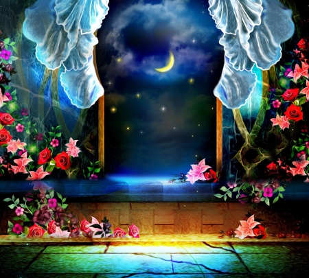 Rideauxarcade - moon, roses, lovely, fantasy, curtain, creative pre-made, moons, nature, love four seasons, art, digital art, beautiful, colors, exterior, flowers