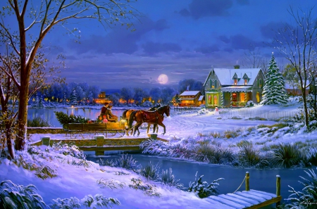 With the Christmas tree - peaceful, painting, spirit, art, evening, river, mood, holiday, moonlight, tree, houses, winter, christmas, village, frost, snow, lights