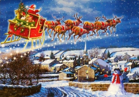 Welcome, Santa! - sleigh, snowman, winter, snowflakes, snow, village, deers, christmas, santa, holiday, welcome, painting, houses, peaceful, art, sky