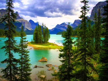 Maligne Lake, Jasper National Park - clouds, canada, firs, island, mountains